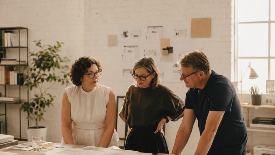 Trois personnes autour d'une table de travail, en atelier