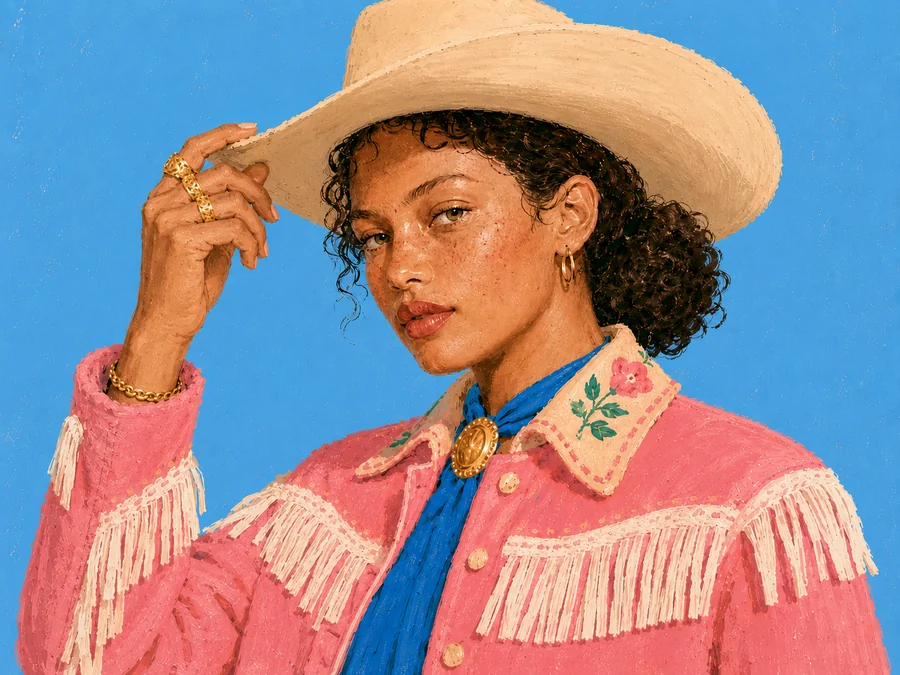 Illustration : une cowgirl salue, main au chapeau