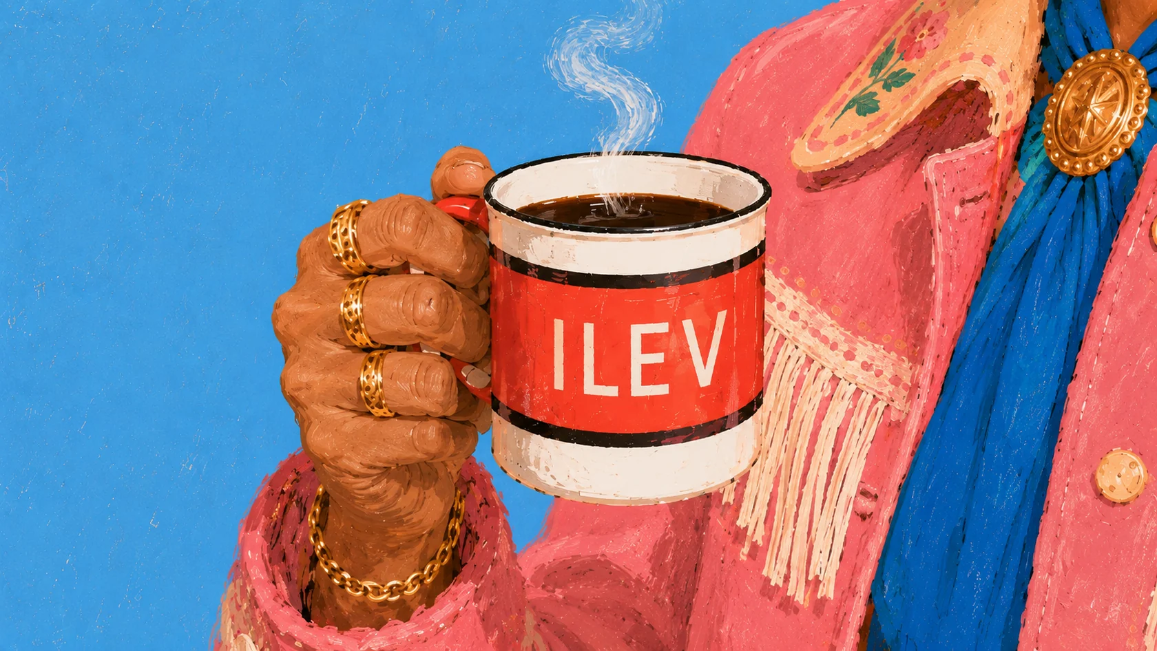 Illustration : une main baguée tient un mug ILEV fumant