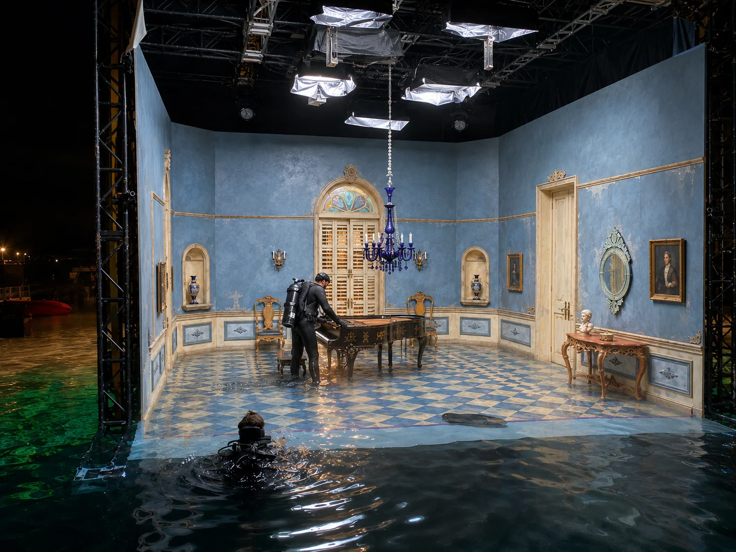 Décor peint en studio, salon classique et bassin
