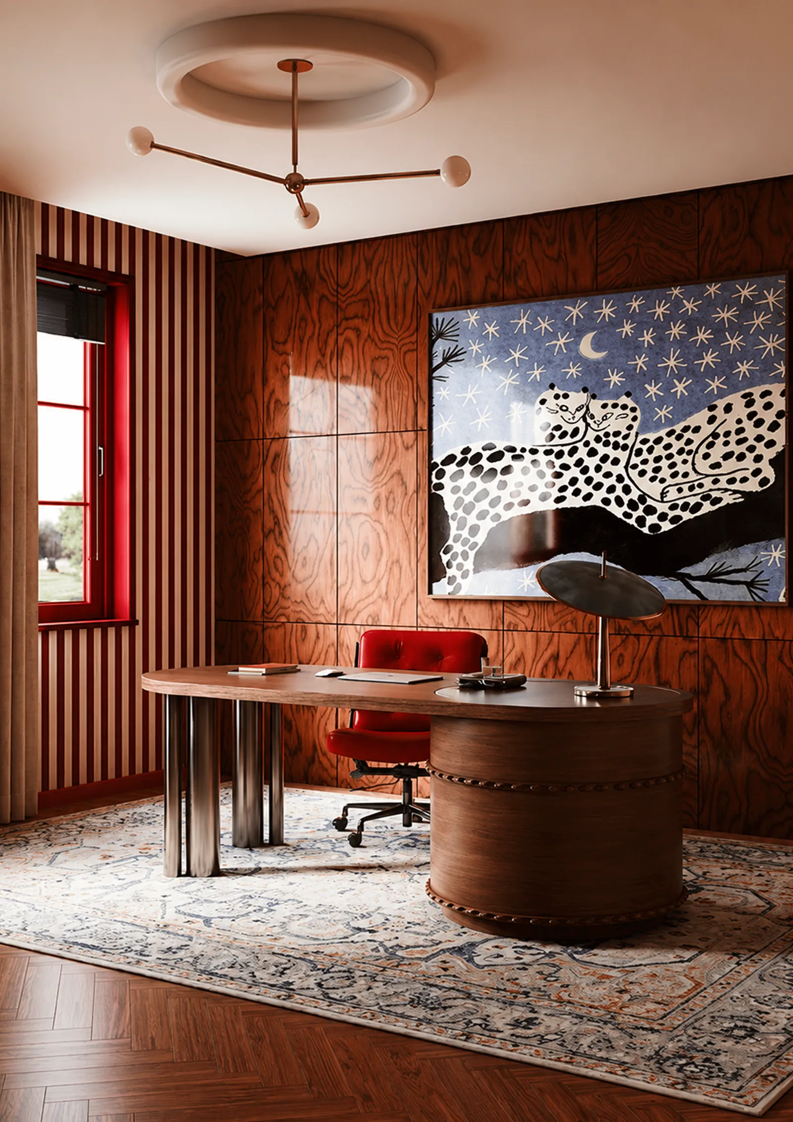 Bureau de direction habillé de bois, fauteuil rouge et œuvre contemporaine