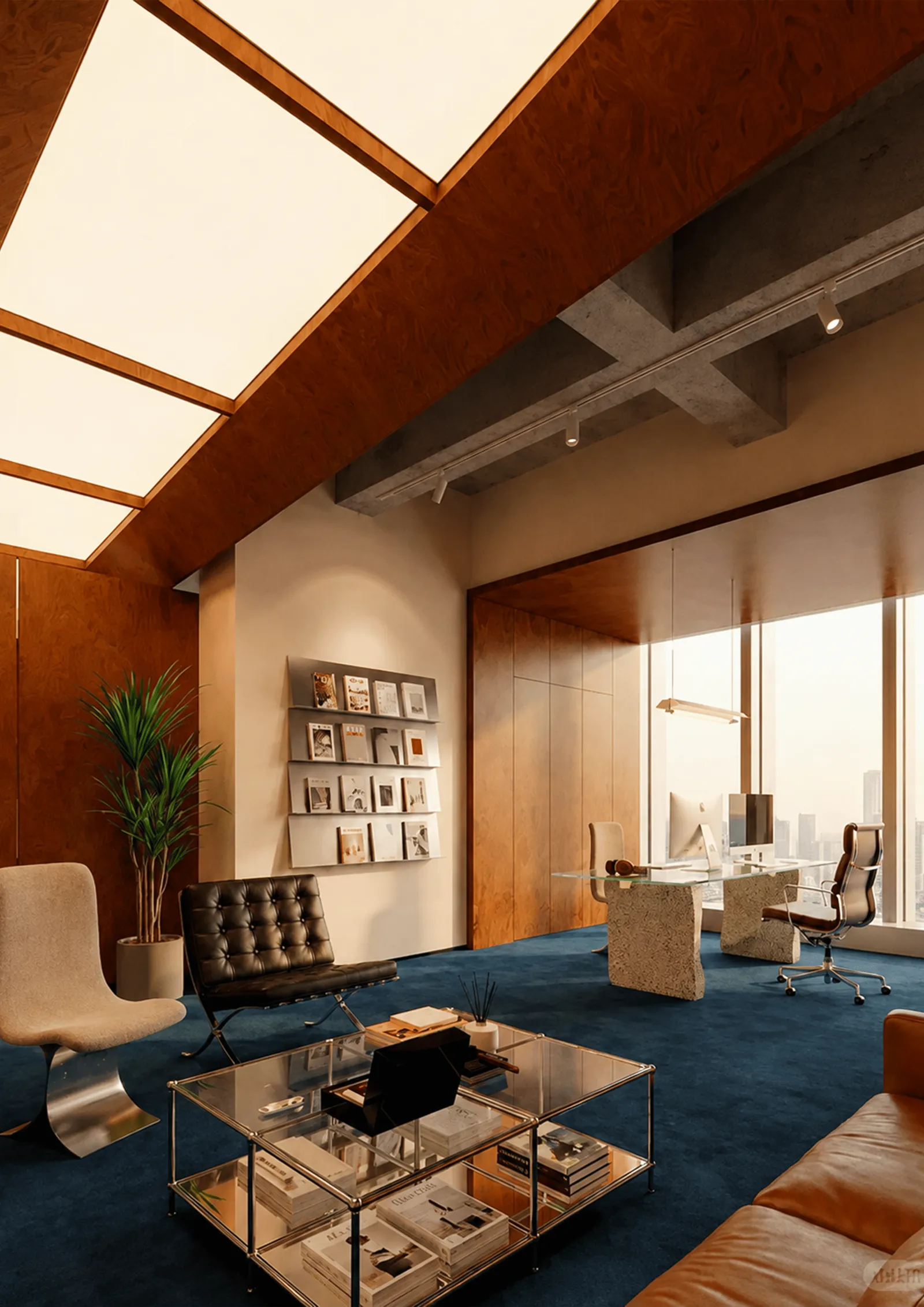 Salon de travail sous verrière, fauteuils en cuir et tapis bleu