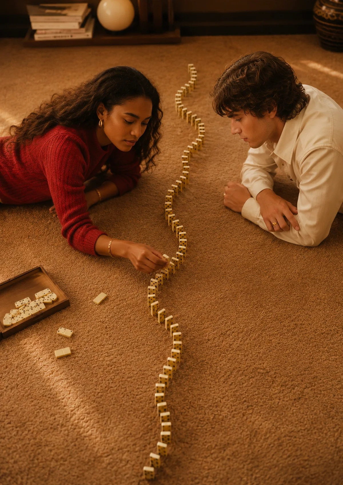 Communication : deux personnes construisant une spirale de dominos, série Direction