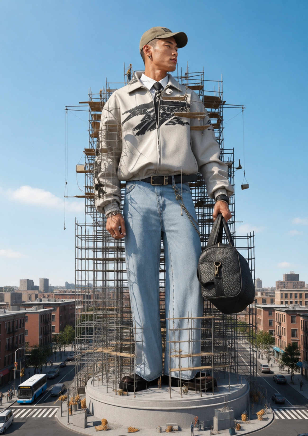 Statue monumentale en cours de construction sur ses échafaudages : une campagne se bâtit avant de se voir