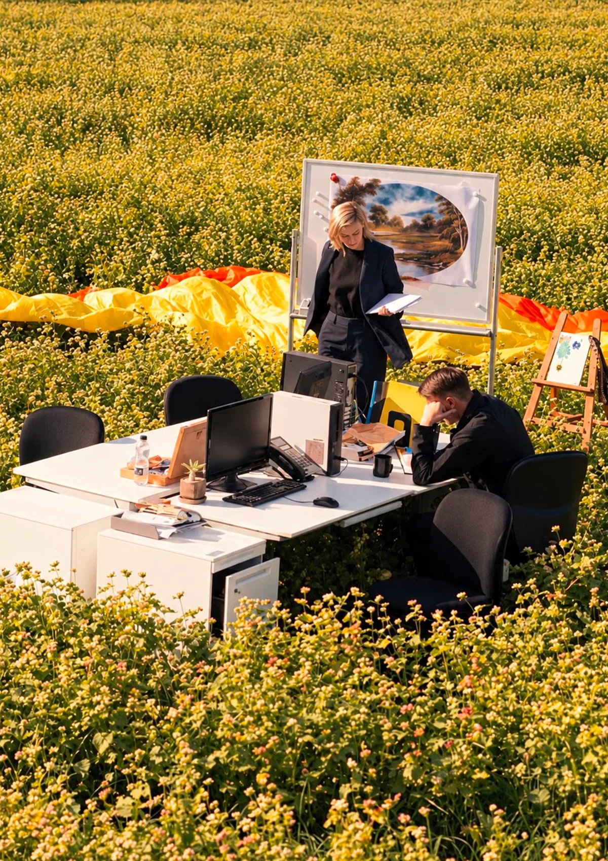 Formation Claude Code et Codex : une équipe travaille à des bureaux installés au milieu d'un champ de fleurs jaunes