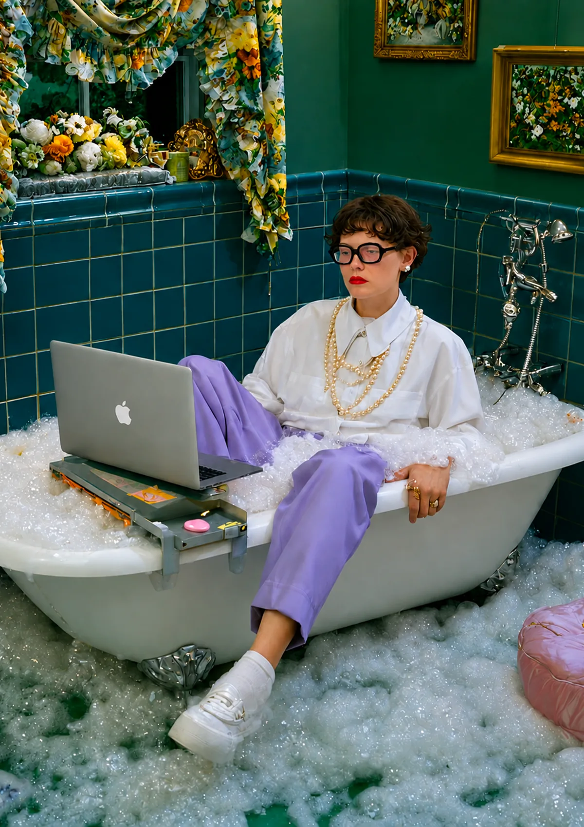 Formation Microsoft 365 Copilot : une femme en chemise blanche travaille sur son ordinateur portable, installée dans une baignoire remplie de mousse