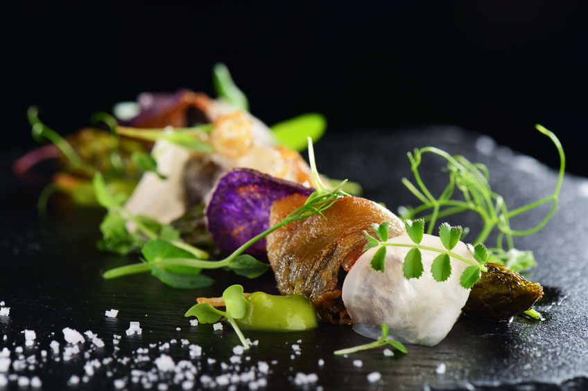 Haute cuisine, Gourmet food scallops with asparagus and lardo bacon Haute cuisine, Gourmet food scallops with asparagus and lardo bacon