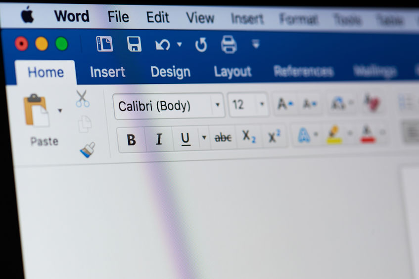 Microsoft office word menu New york, USA - August 18, 2017: Microsoft office word menu on laptop screen close-up